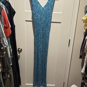 Blue Patterned V-Neck Maxi Dress